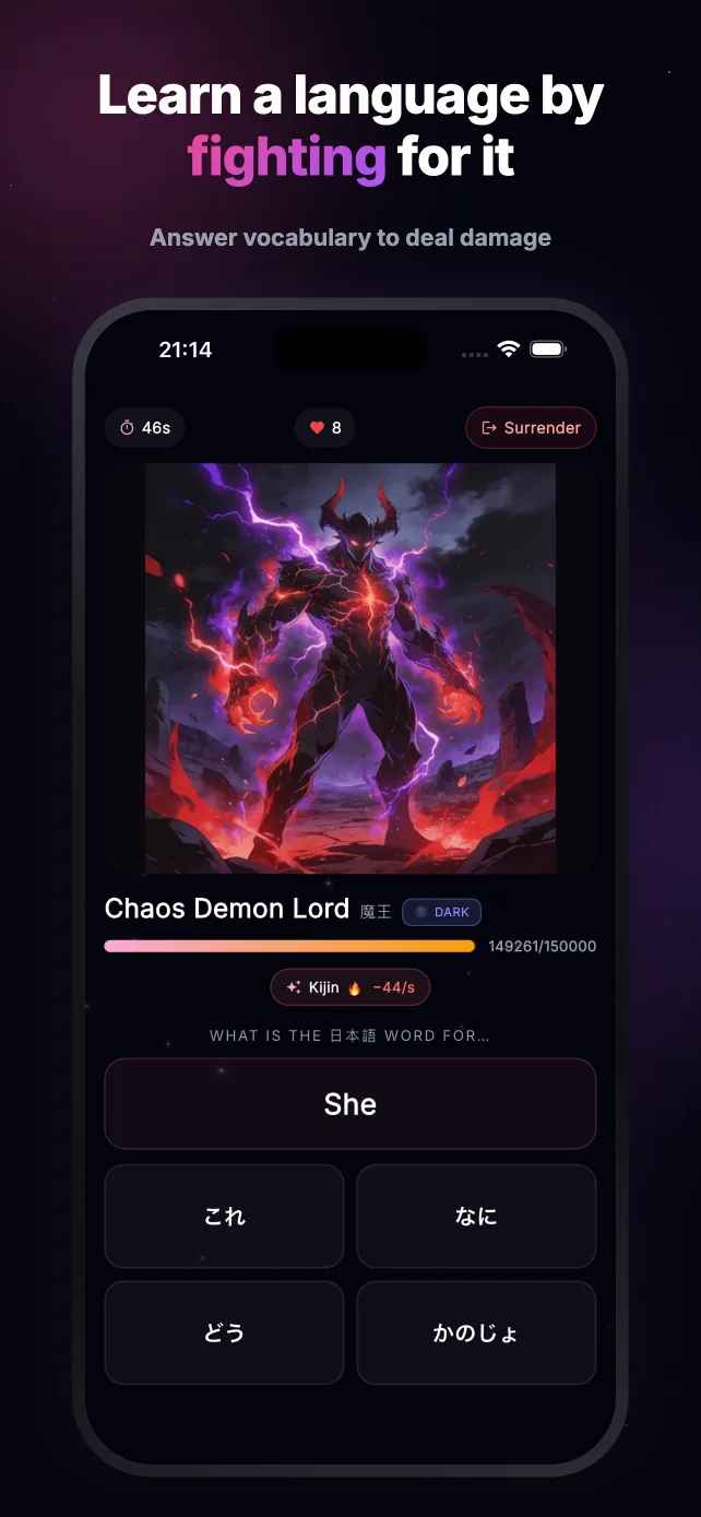 Battle bosses by answering vocabulary
