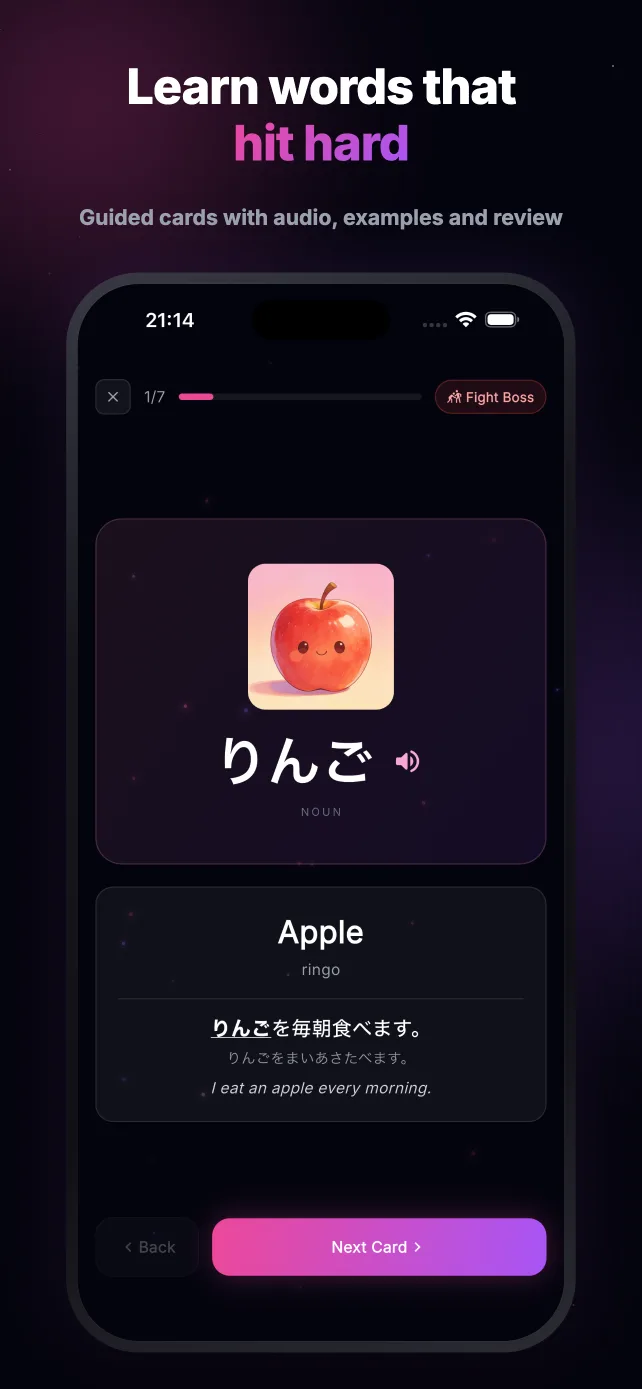 Guided flashcards with audio and examples